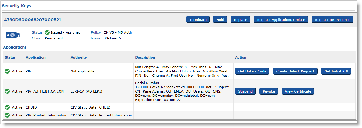 Security Keys section of Help Desk Overview page with available actions for the device and its applications